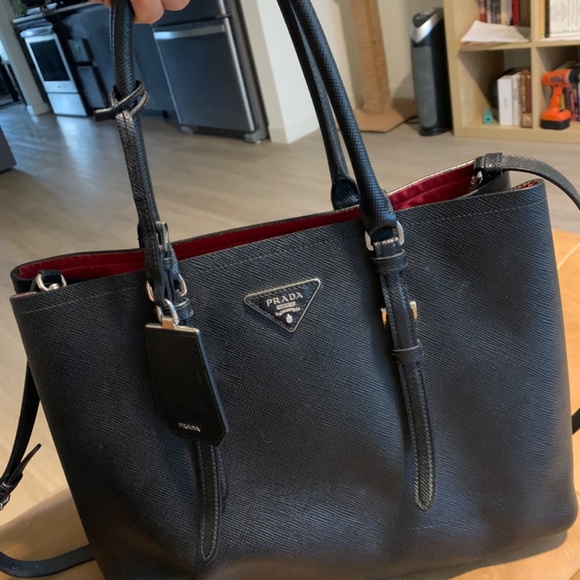 Prada Saffiano Cuir Medium Tote Bag, Black/Red - Picture 9 of 11
